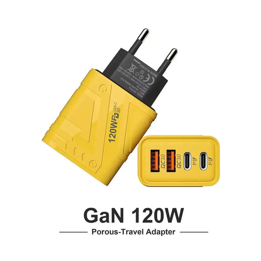120W Fast Charging Yellow Travel Adapter with 4 USB Ports Markaz