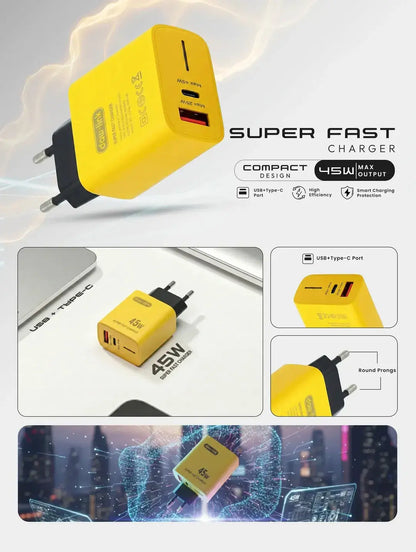 120W Fast Charging Yellow Travel Adapter with 4 USB Ports Markaz
