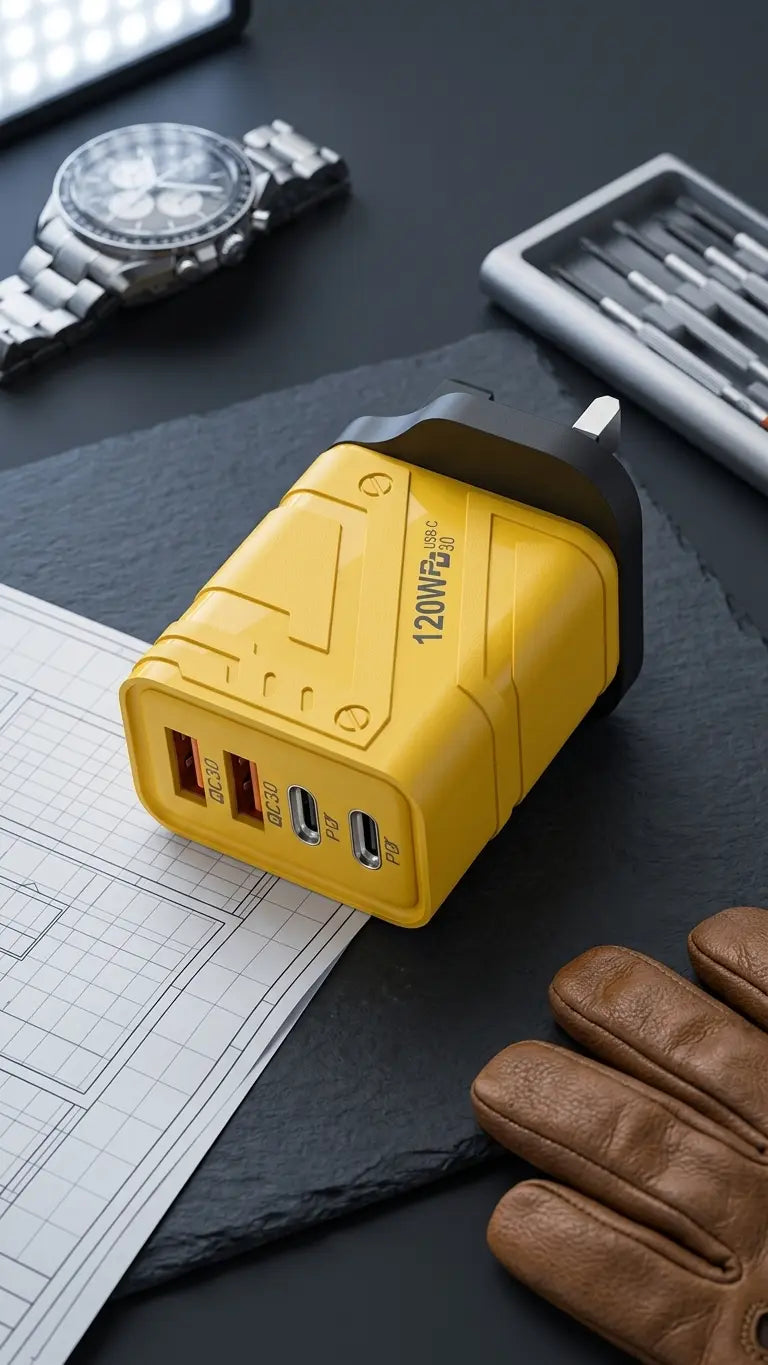 120W Fast Charging Yellow Travel Adapter with 4 USB Ports Markaz