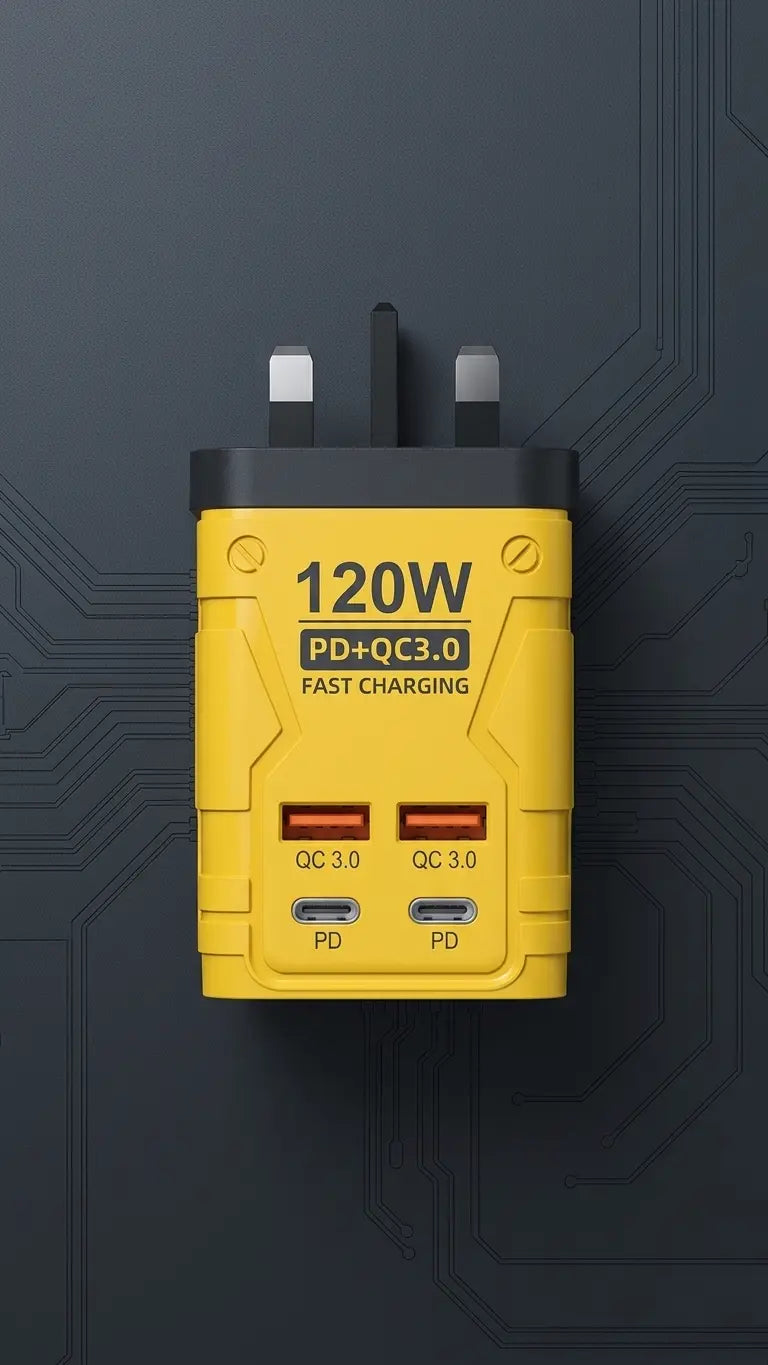 120W Fast Charging Yellow Travel Adapter with 4 USB Ports Markaz