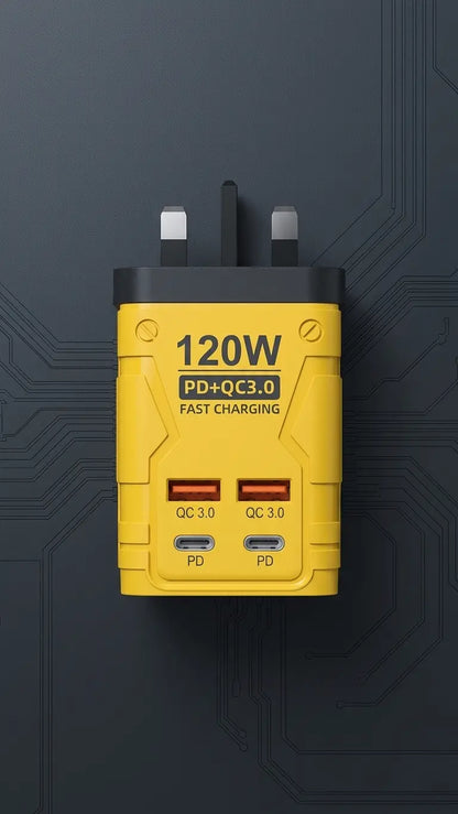 120W Fast Charging Yellow Travel Adapter with 4 USB Ports Markaz
